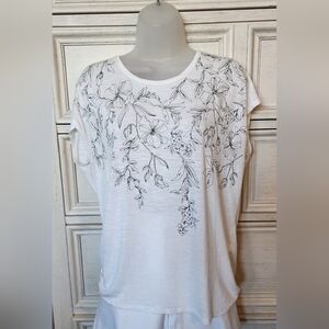 Cap Sleeve White Knit Top with Black Print